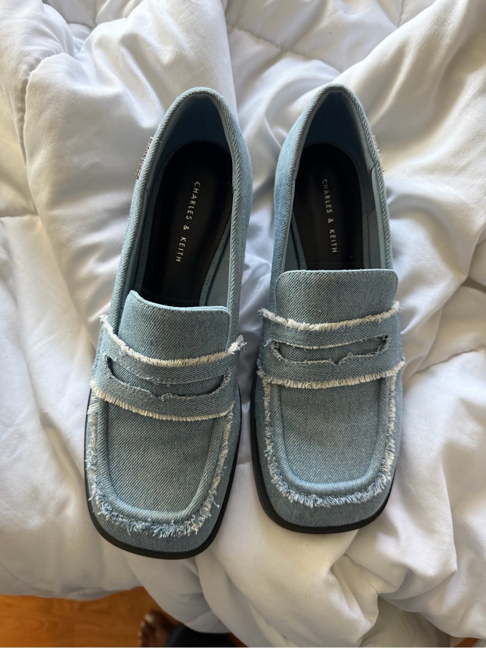 Charles & Keith Frayed Light Blue Denim Penny Loafers